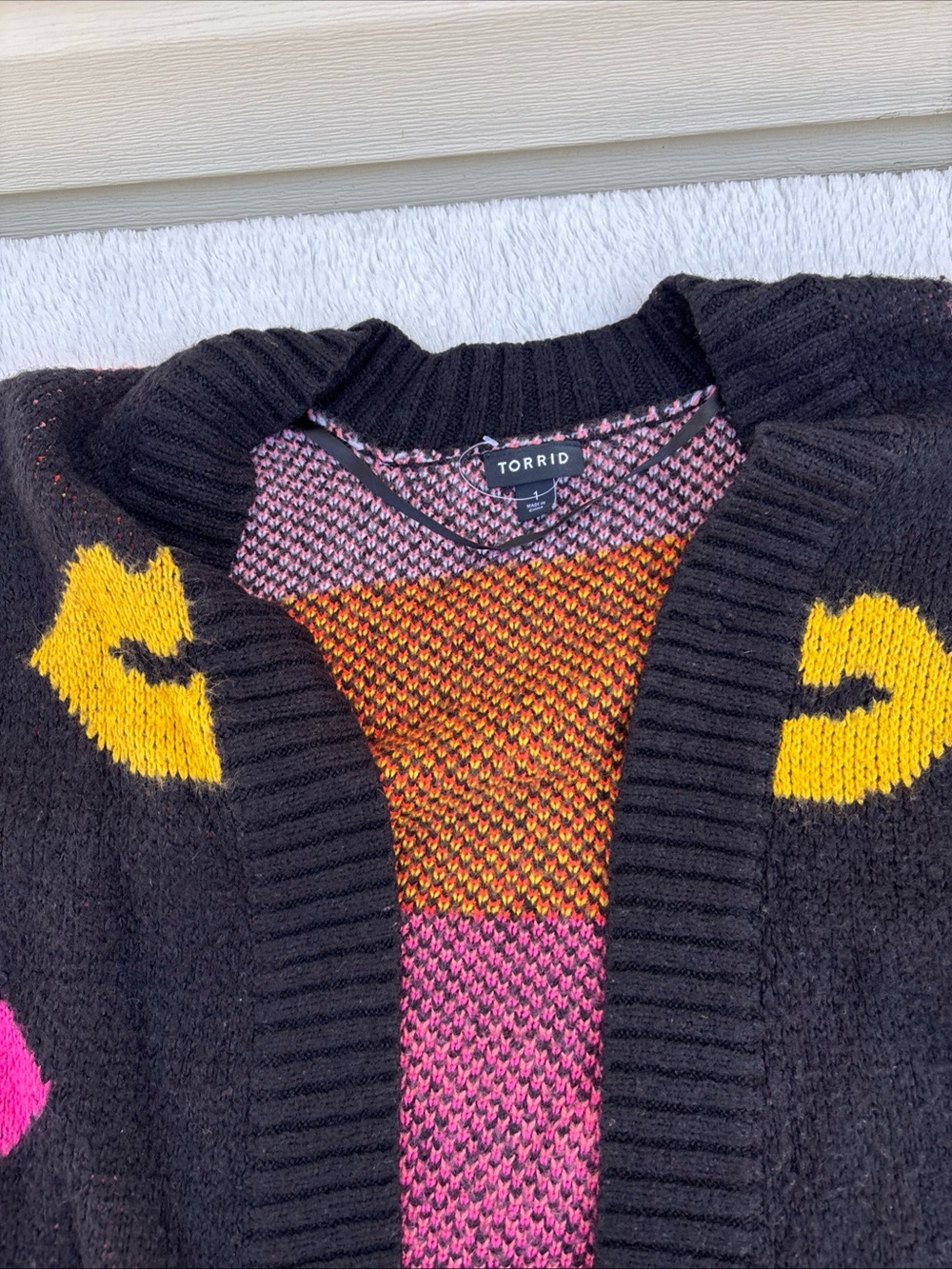 torrid Black Open-Front Sweater Cardigan with Pink & Yellow Accents